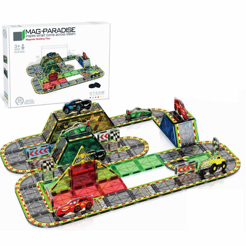 Model Kit Runner - 32-teiliges Magnetisches Bausteine-Set für Autorennstrecken mit